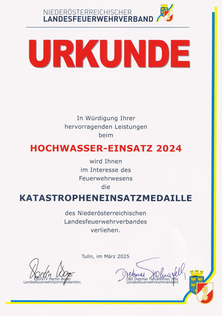 Urkunde zur Katastropheneinsatzmedaille