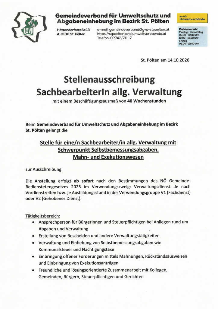 Stellenausschreibung GVU St.Pölten Verwaltung